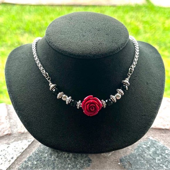 Handmade stainless steel red rose flower wheat chain link choker necklace - Picture 5 of 9